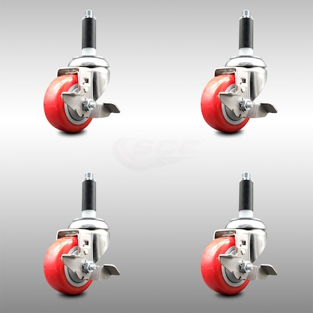 Service Caster 3.5 Inch 316SS Red Poly Swivel 3/4 Inch Expanding Stem Caster Set Brake SCC SCC-SS316EX20S3514-PPUB-RED-TLB-34-4